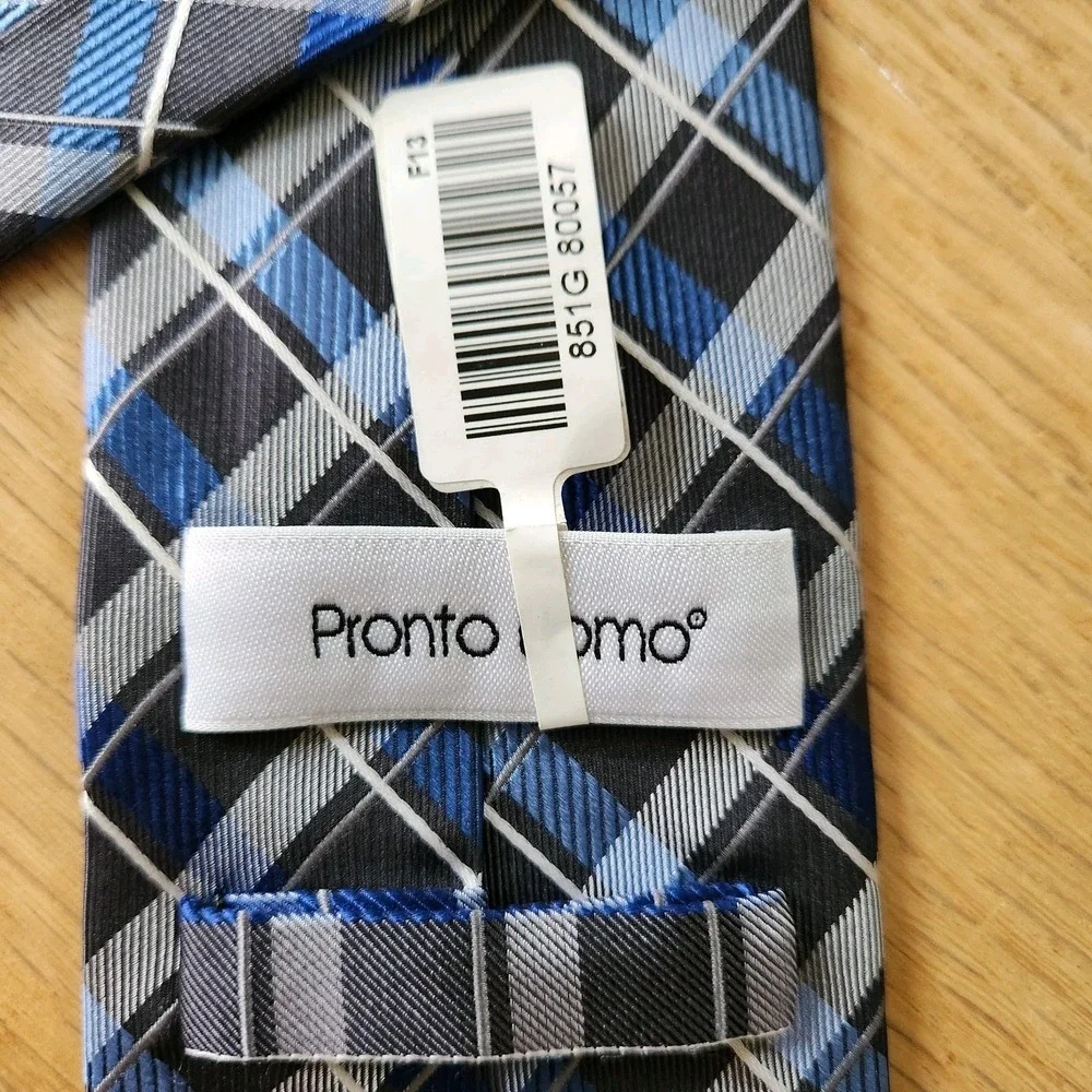 NWT Pronto Uomo Necktie Tie 100% Silk Black Blue Silver Plaid Mens New Metallic‎